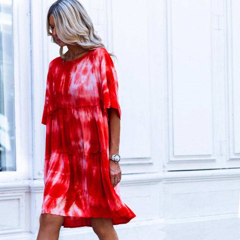 Off Shoulder Tie Dye Loose Casual Midi Dress