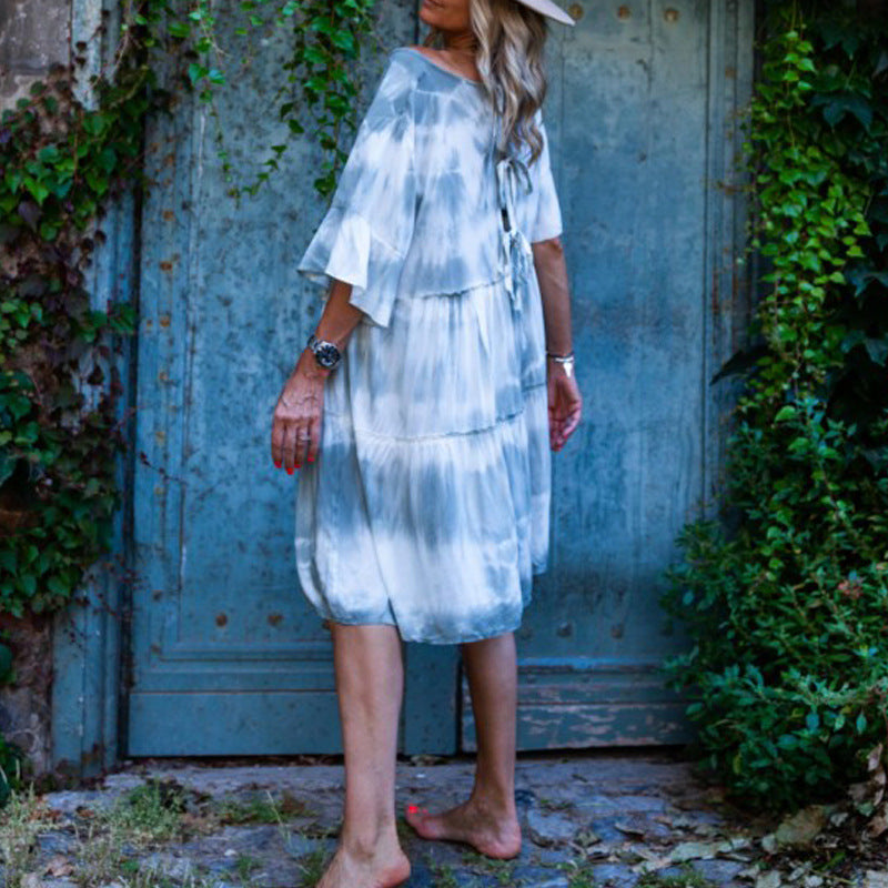 Off Shoulder Tie Dye Loose Casual Midi Dress