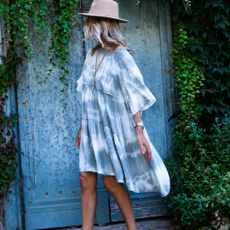 Off Shoulder Tie Dye Loose Casual Midi Dress