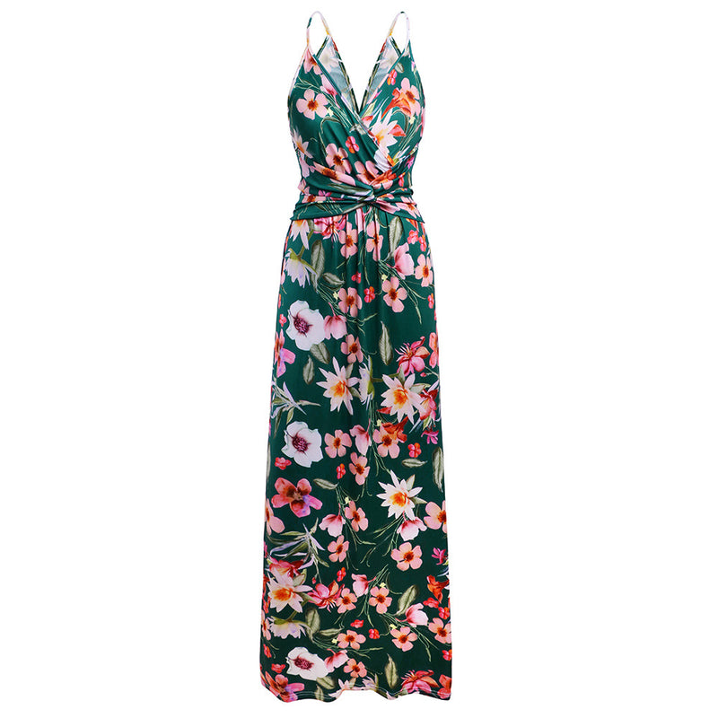 Deep V-Neck Floral Print Maxi Dress