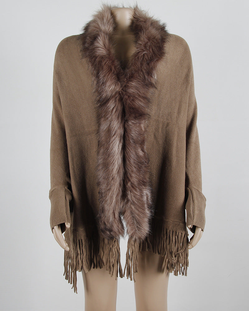 Faux Fur Collar Long Sleeve Large Wrap Scarf