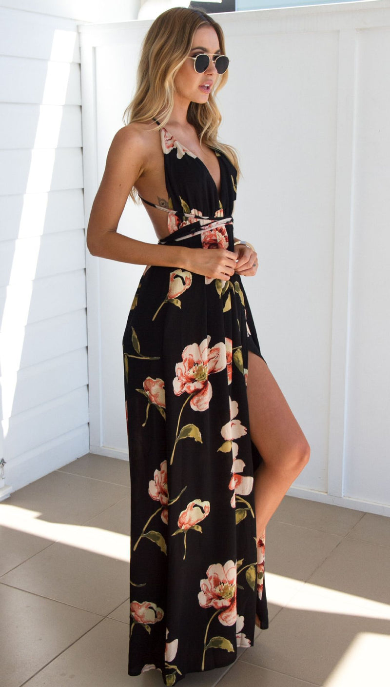 Deep V Neck Backless Spaghetti Strap Floral Casual Maxi Dress