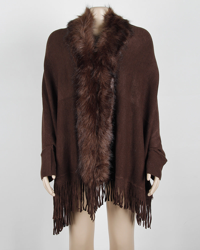 Faux Fur Collar Long Sleeve Large Wrap Scarf