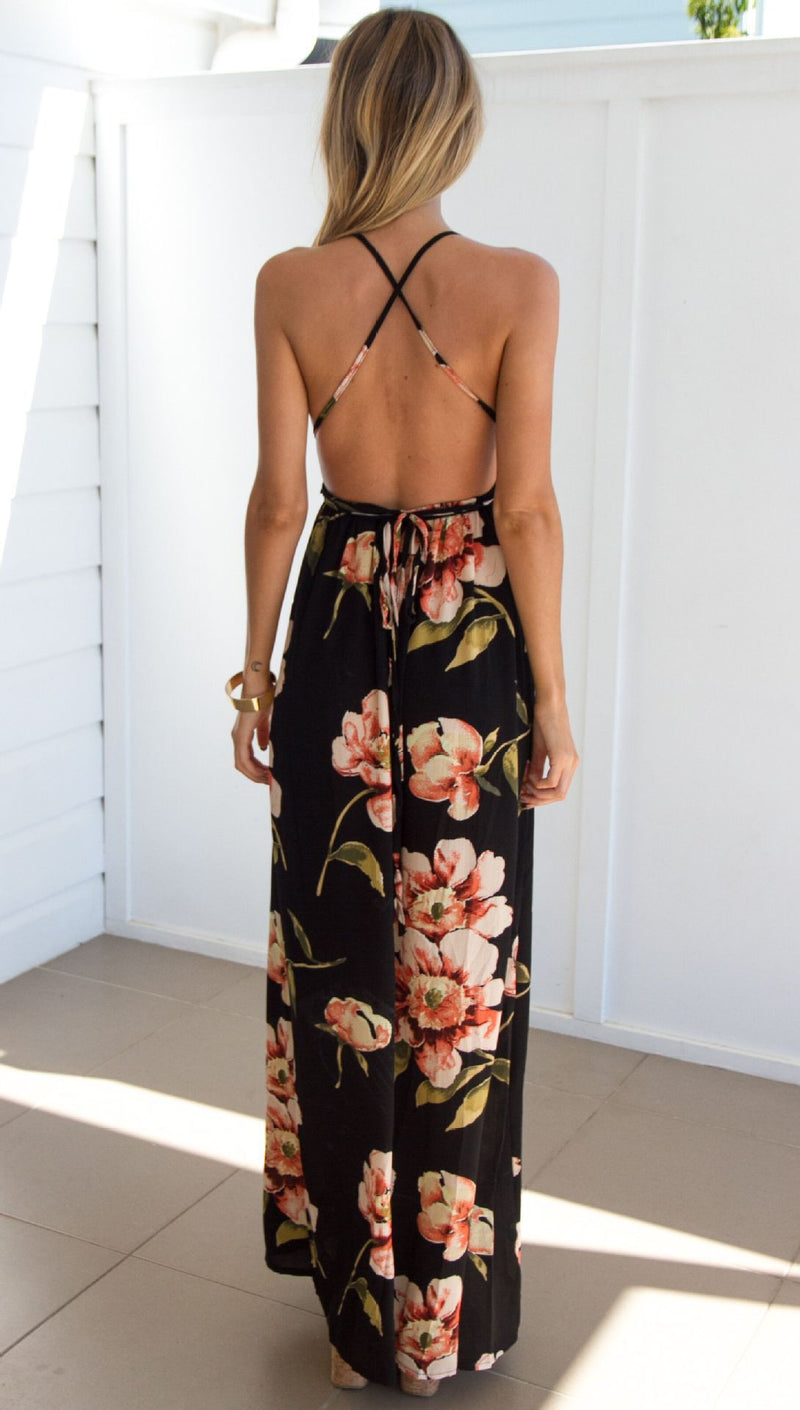 Deep V Neck Backless Spaghetti Strap Floral Casual Maxi Dress