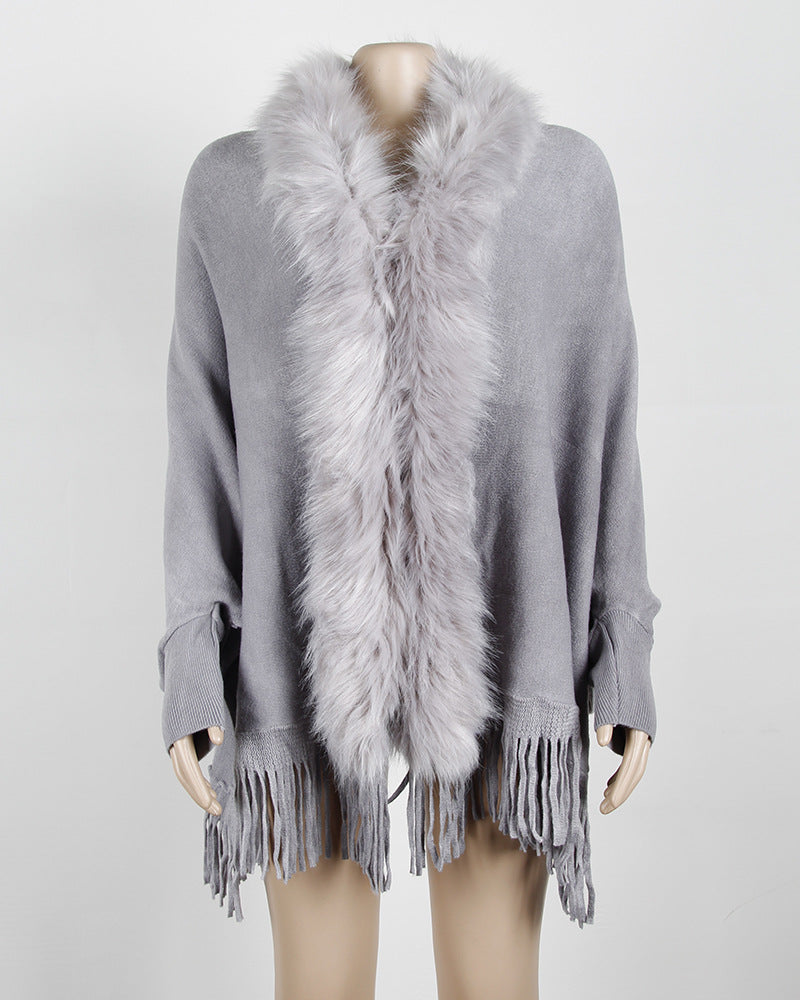 Faux Fur Collar Long Sleeve Large Wrap Scarf