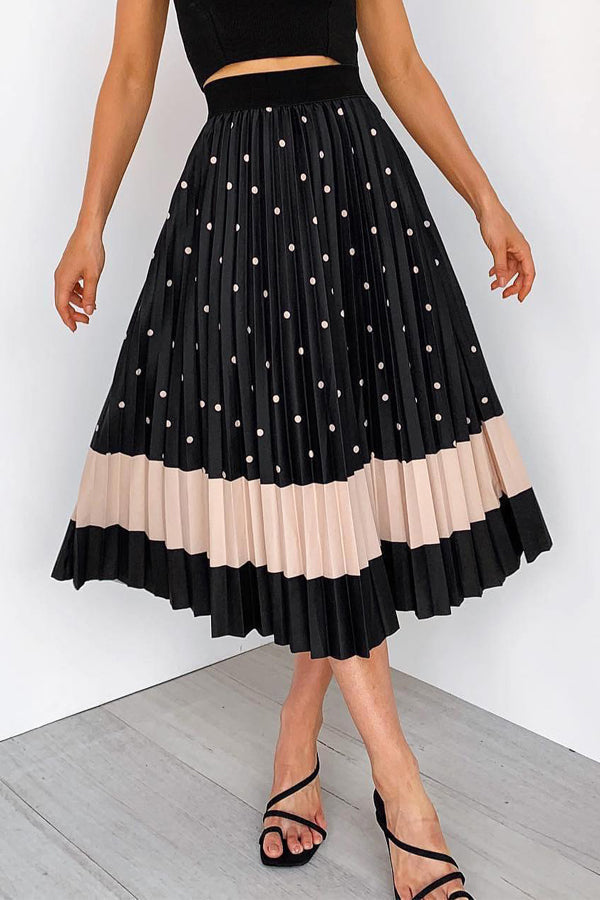 Polka Dot Color Block Pleated Midi Dress