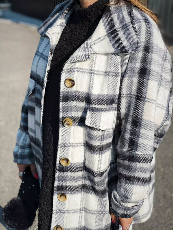 Plaid Long Sleeve Button Down Collar Shirt Coat with Pockets