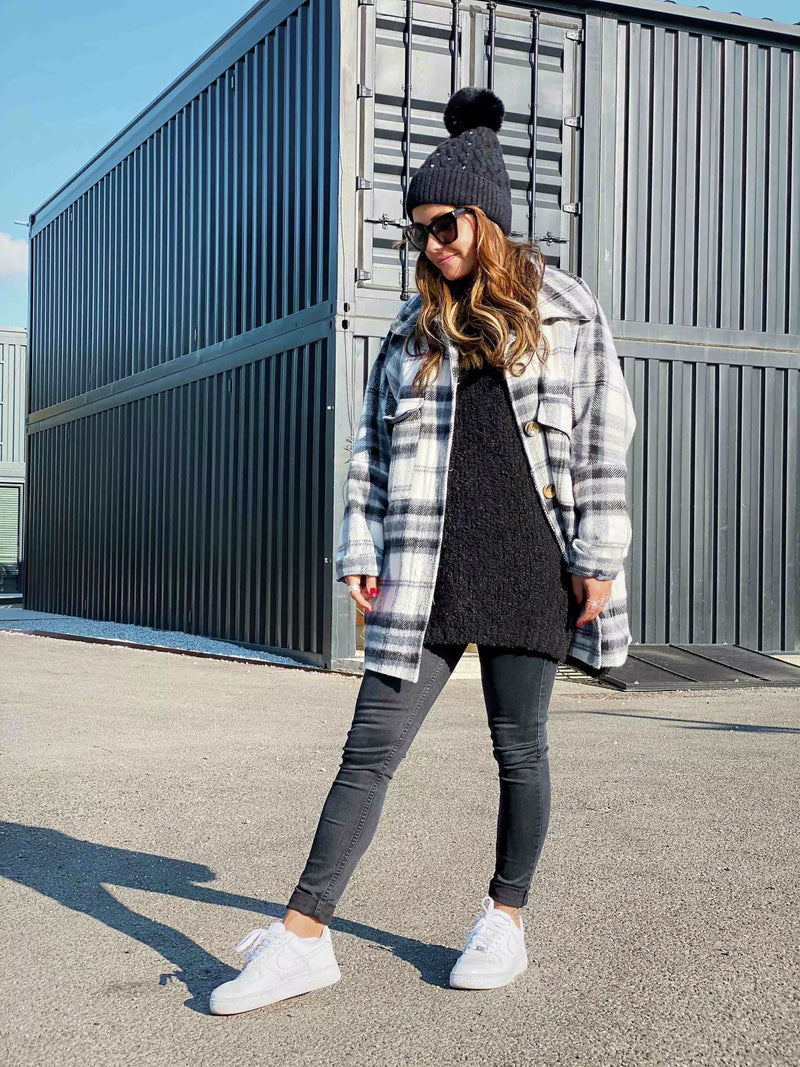 Plaid Long Sleeve Button Down Collar Shirt Coat with Pockets