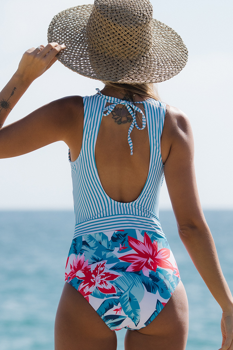 Striped And Floral Print Wide Straps One Piece Swimsuits