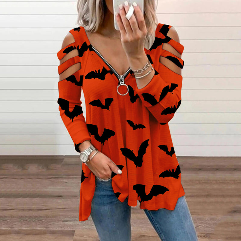 Halloween Print Cold Shoulder Blouse