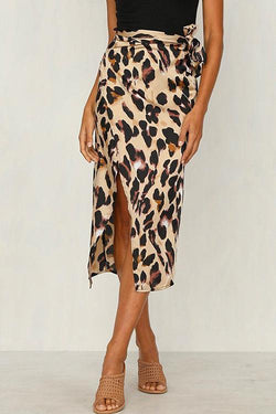 Wrapped Tie Waist Split Leopard Skirt