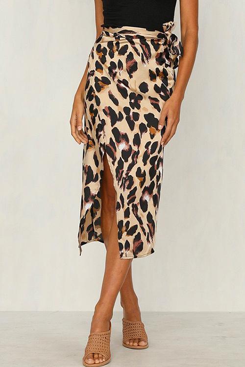 Wrapped Tie Waist Split Leopard Skirt