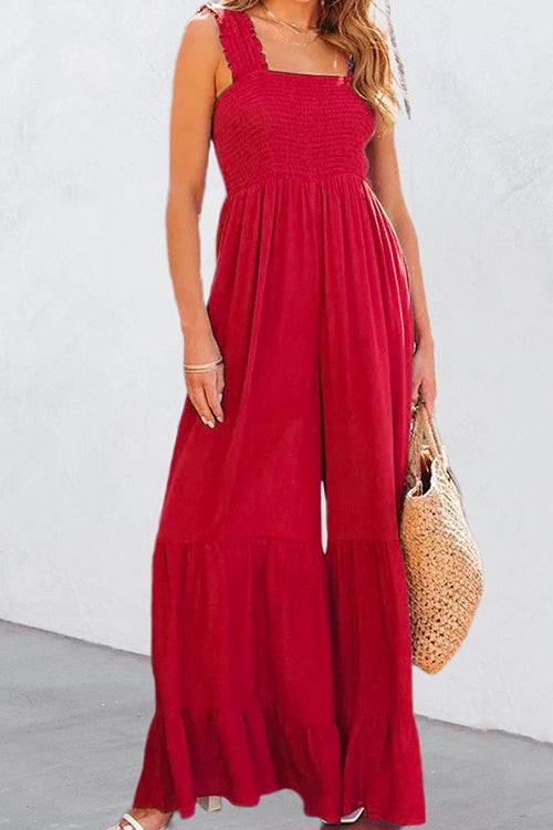 Smocked Wide Straps Ruffle Hem Wide Leg Jumpsuit