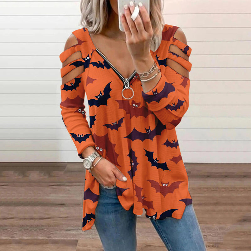 Halloween Print Cold Shoulder Blouse