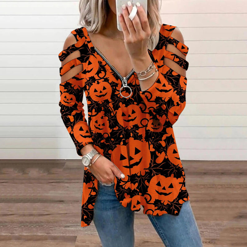 Halloween Print Cold Shoulder Blouse