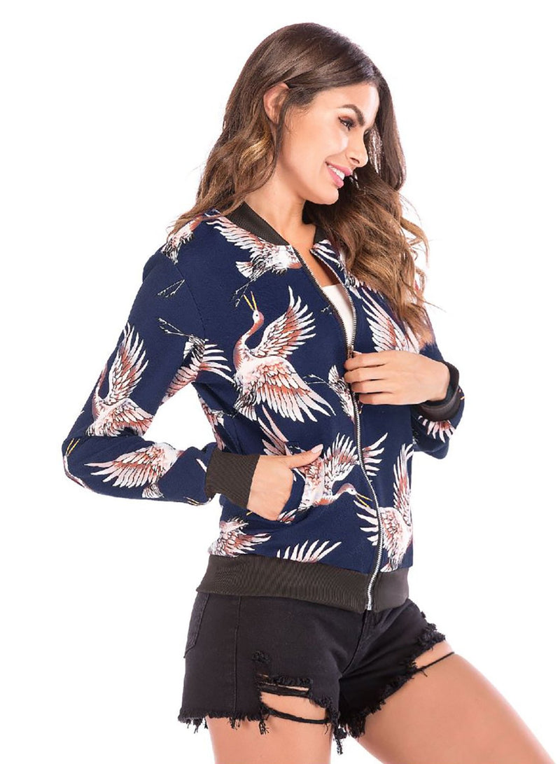 Women Casual Crane Print Fall Baseball Jackect