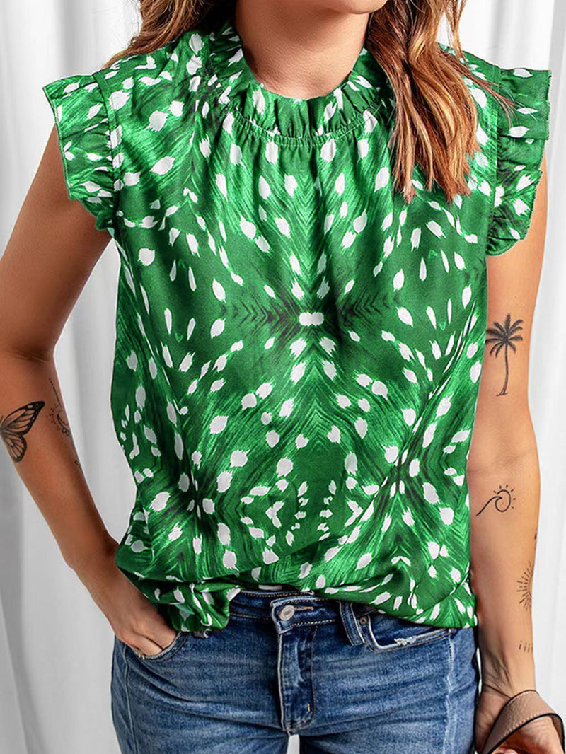 Women's T-Shirts Round Neck Print Ruffle Short Sleeve T-Shirt