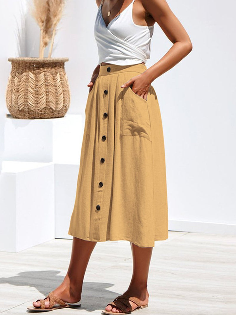 A-lined Buttons Knee Length Midi Skirt with Pockets - Landing Closet