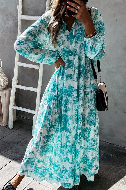 Drawstring V Neck Printed Maxi Swing Dress