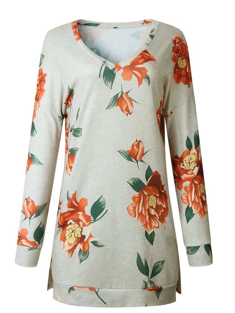 Floral Printed V-neck Long Sleeves Side Slit Pullover Top