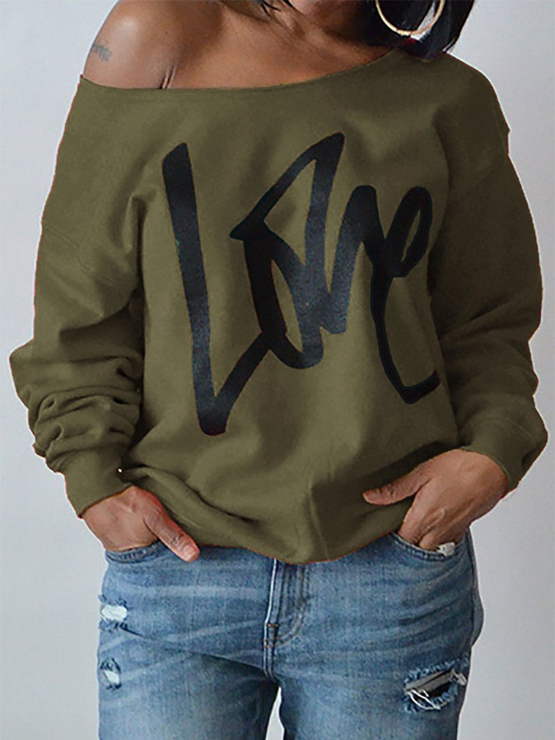 Letter Printed Love One Shoulder Sweatshirt