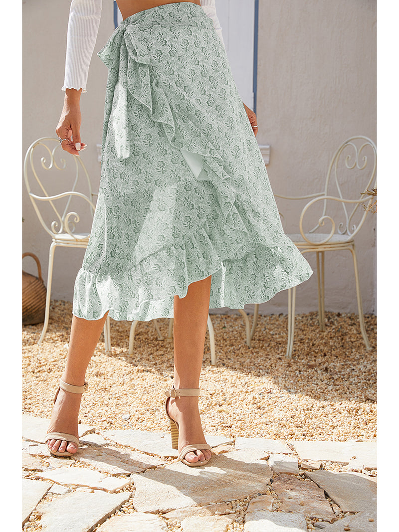 Floral Print Wrap Ruffle  High Waist Flowy Midi Skirt with Slit