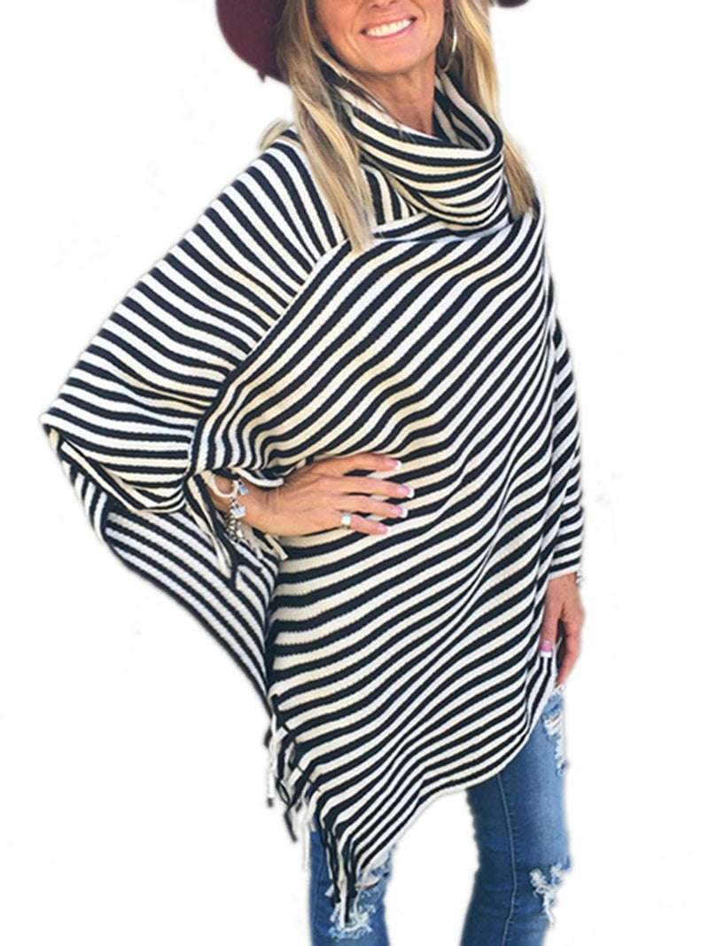 Striped Cape With Turtleneck Knitted Pullover