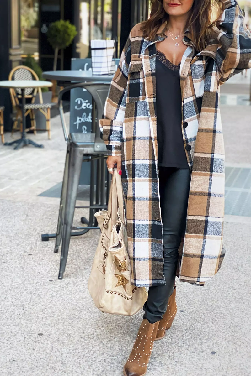 Lapel Plaid Print Woolen Long Coat