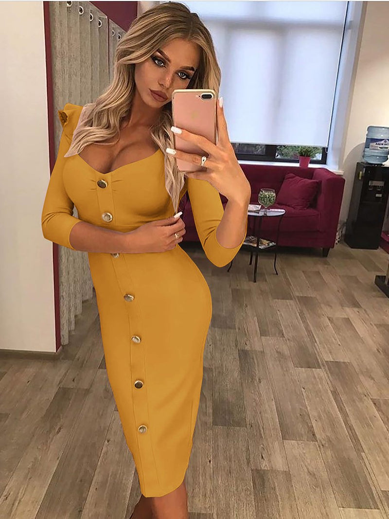 Long Sleeves Low Cut Bodycon Midi Dress