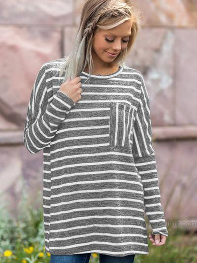 Long Sleeve Stripe Crew Neck Pocket T-shirt