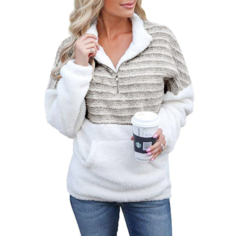 Fashion V- Neck Bend Down Collar Long Sleeve Quater Zip PullOver