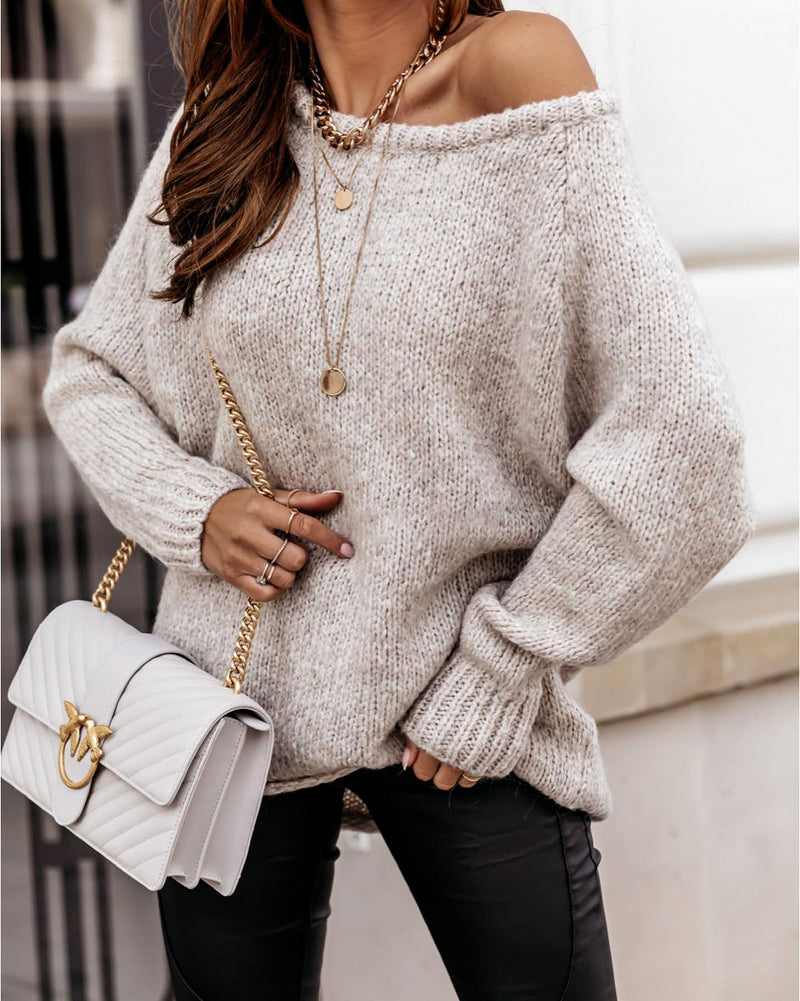 Off Shoulder Long Sleeve Knitted Sweater