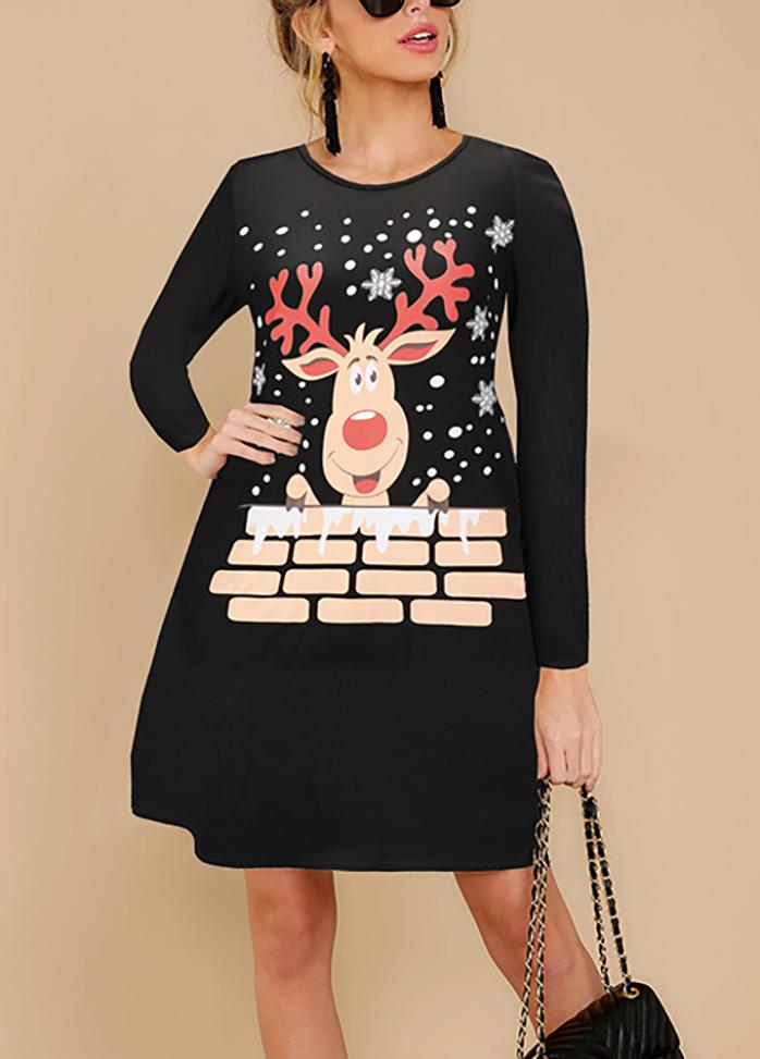 Christmas Casual Long Sleeve Printed Dresses