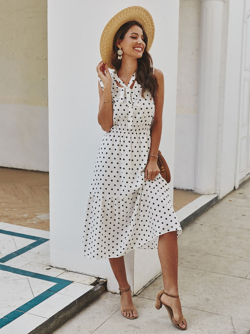 Polka Dot Tie Front V Neck Long Dress