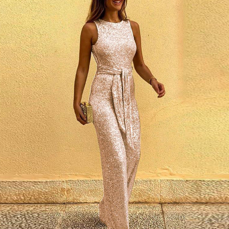 Halter Neck Open Back Sequin Jumpsuit