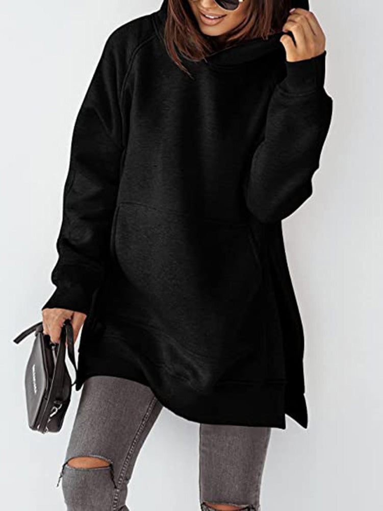 Women's Hoodies Solid Pocket Slit Long Sleeve Hoody