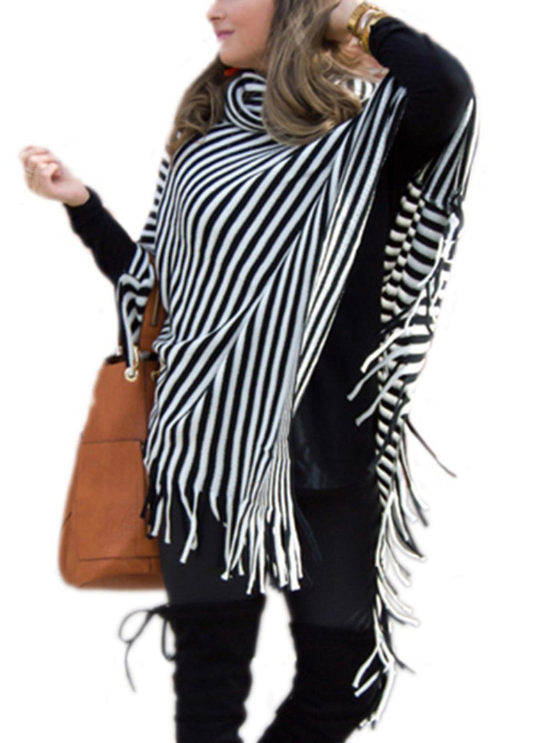 Striped Cape With Turtleneck Knitted Pullover