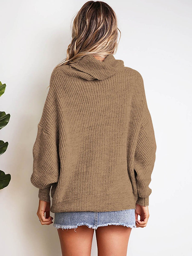 Rolled Neckline Ribbed Cuff Knitted Sweater