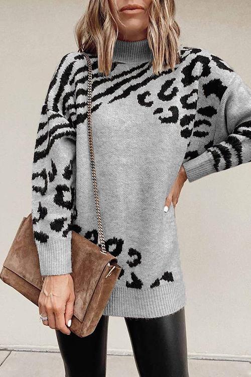 Turtleneck Stripes Leopard Sweater Dress