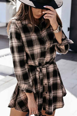 Long Sleeve Plaid Shirt Mini Dress