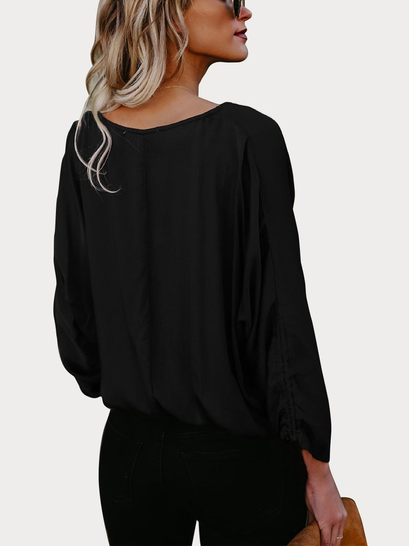 Black Button Down V Neck Casual Blouse - Landing Closet