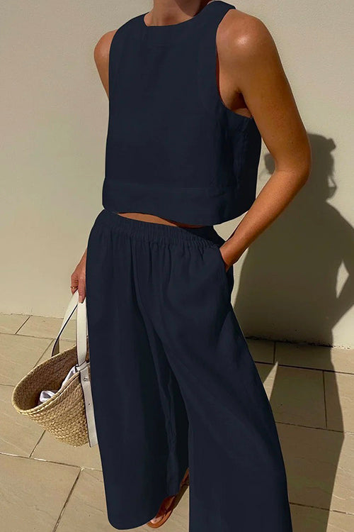 Solid Crewneck Crop Tank Top Elastic Waist Wide Leg Pants Set