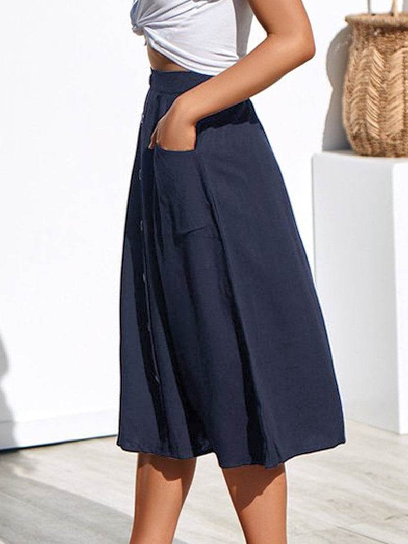 A-lined Buttons Knee Length Midi Skirt with Pockets - Landing Closet