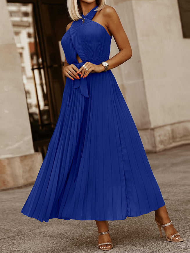 Women's Dresses Halter Cutout Tie Backless Pleated Dress