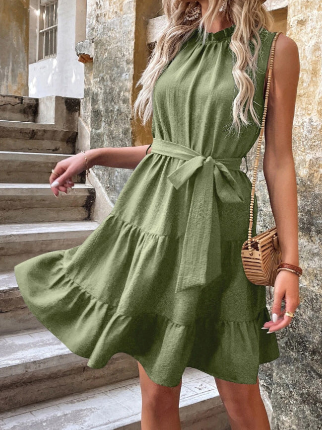 Women's Dresses Solid Tie Ruffle Sleeveless Dress