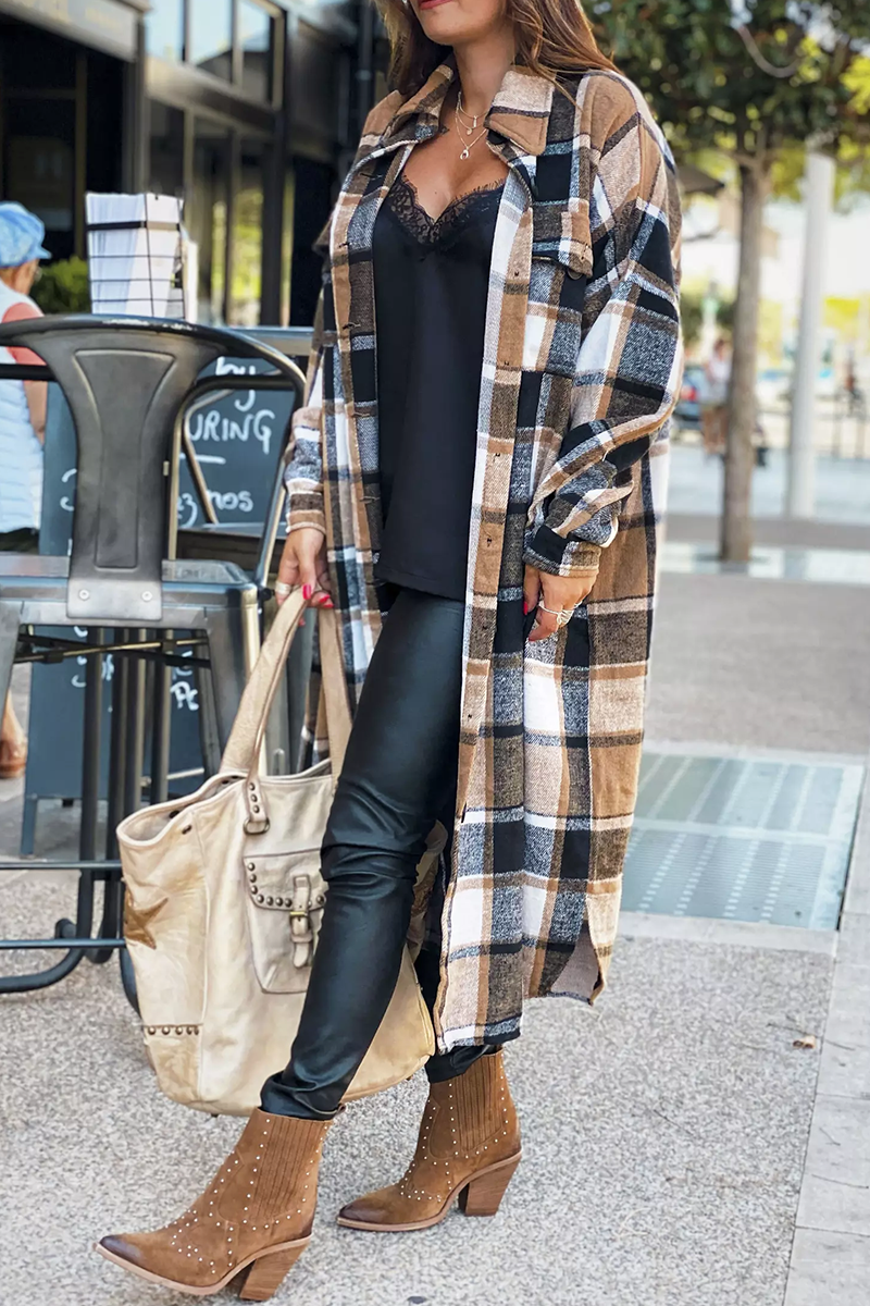 Lapel Plaid Print Woolen Long Coat