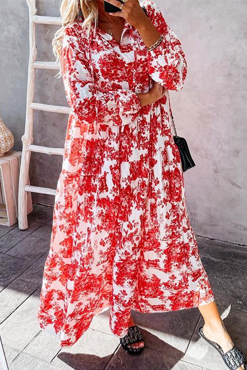 Drawstring V Neck Printed Maxi Swing Dress