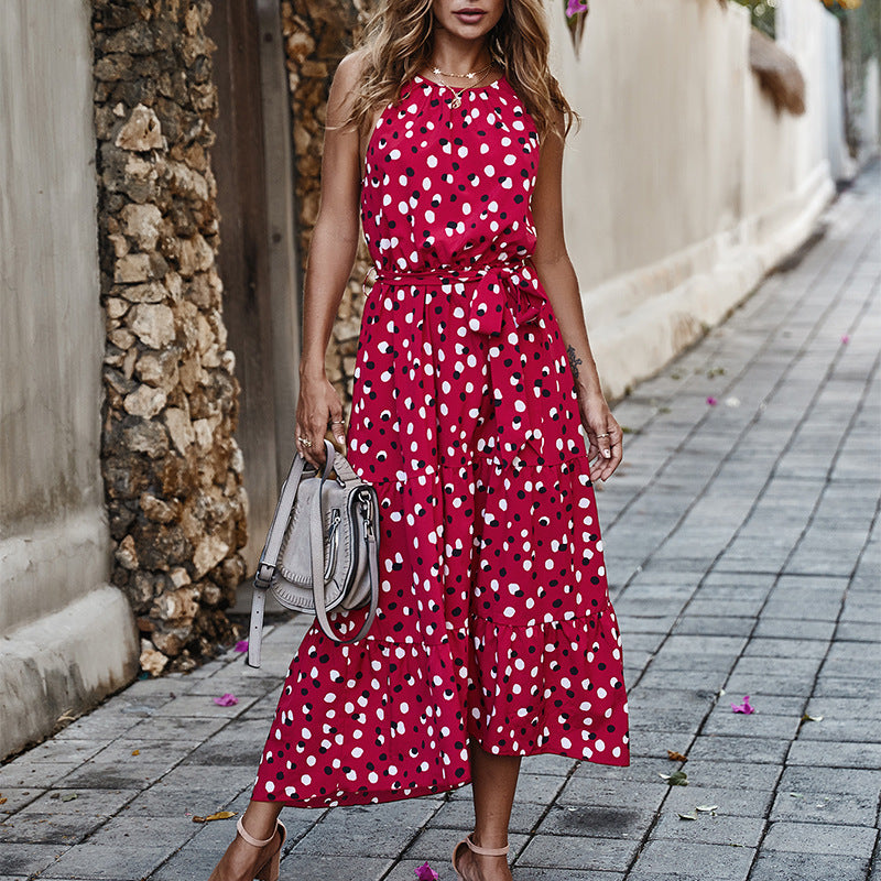 Sleeveless Round Neck Belted Printed Maxi Dress