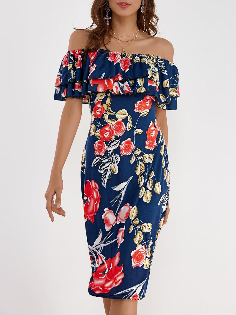 Off Shoulder Random Floral Print Tiered Dress - Landing Closet