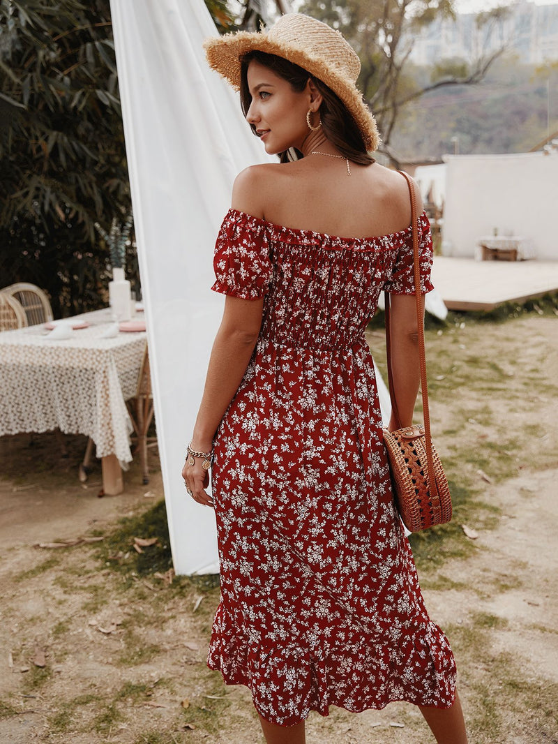 Floral Print Off Shoulder Midi Dress